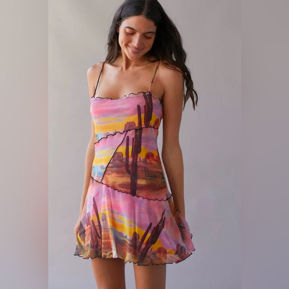 NWOT Urban Outfitters Moxie Mesh Mini Cactus Desert Slip Dress | Size Small